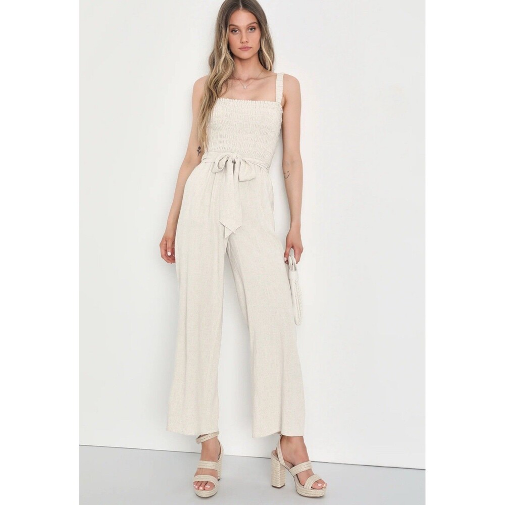 Lulus Beige Linen Blend Smocked Wide-Leg Jumpsuit Size XS Boho Euro Chic W Belt